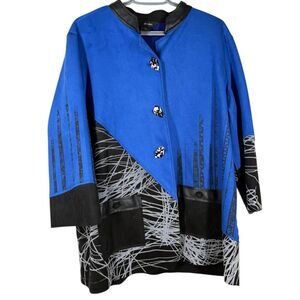 Ali Miles Womens Blue Button Up Top Sz XL Artsy Lagenlook Funky Art to Wear